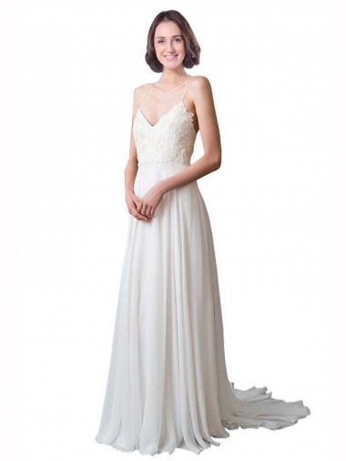 Sleeveless Spaghetti Straps A-Line Soft Chiffon & Lace Beach Wedding Dress Worcester