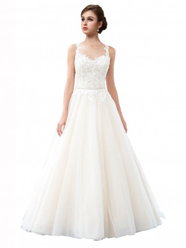 Sleeveless Illusion Neck A-Line Tulle & Lace Beach Wedding Dress Worcester