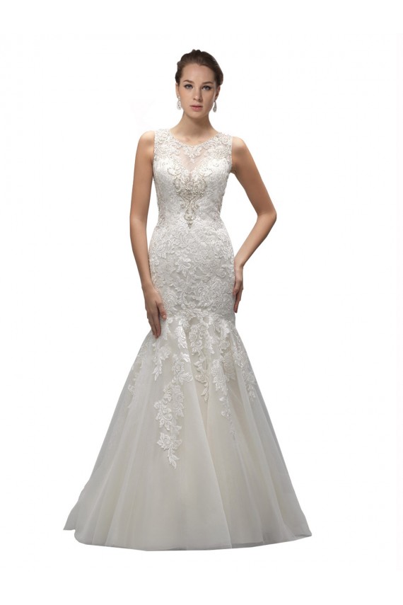 Sweep Train Ivory Sleeveless Illusion Neck Mermaid Tulle & Lace Wedding Dresses Worcester
