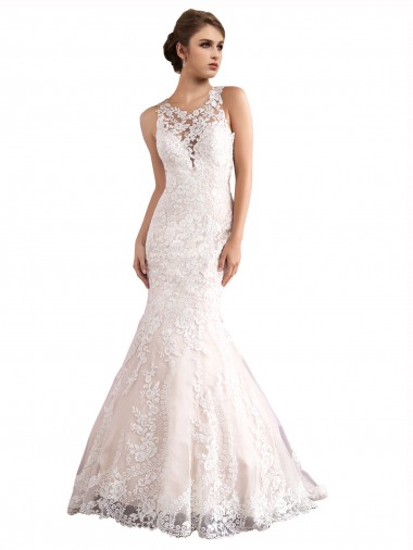 Ivory & Champagne Sleeveless Illusion Neck Mermaid Tulle & Lace Wedding Dresses Worcester