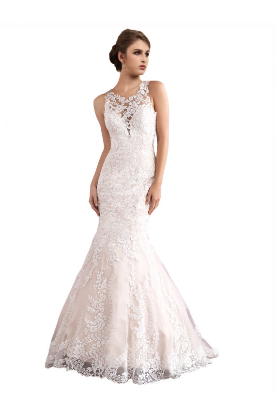 Ivory & Champagne Sleeveless Illusion Neck Mermaid Tulle & Lace Wedding Dresses Worcester