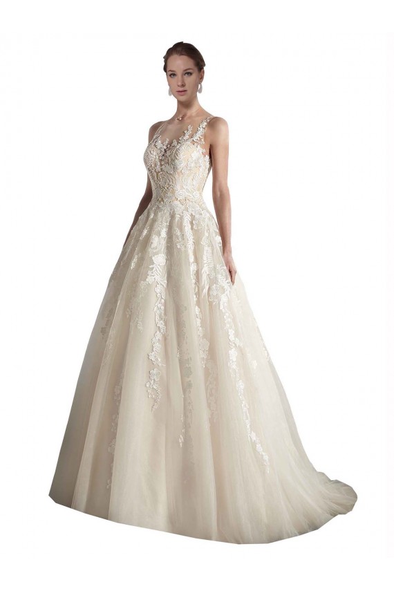 Ivory & Champagne Sleeveless Illusion Neck A-Line Tulle Wedding Dresses Worcester