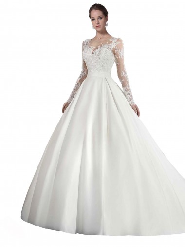 Long Sleeves Illusion Neck A-Line Satin & Lace Wedding Dress Worcester