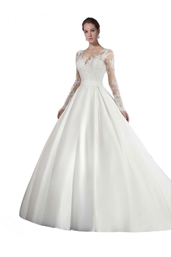 Long Sleeves Illusion Neck A-Line Satin & Lace Wedding Dress Worcester