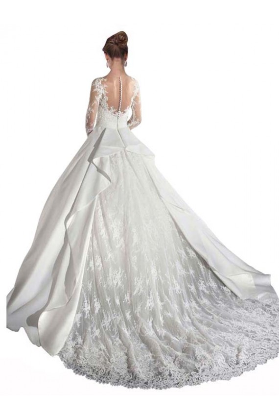 Long Sleeves Illusion Neck A-Line Satin & Lace Wedding Dress Worcester