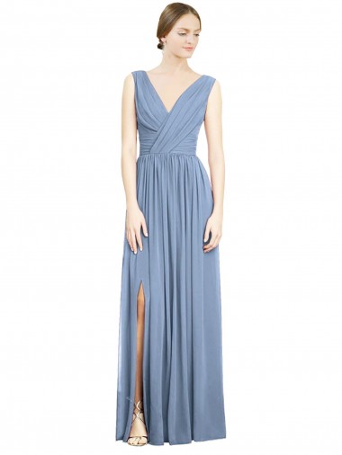 Dusty Blue Sleeveless V-Neck A-Line Soft Chiffon Semi Formal Evening Dress / Bridesmaid Dress Worcester