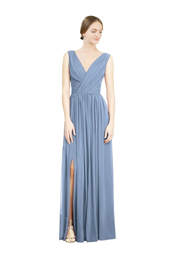 Dusty Blue Sleeveless V-Neck A-Line Soft Chiffon Semi Formal Evening Dress / Bridesmaid Dress Worcester