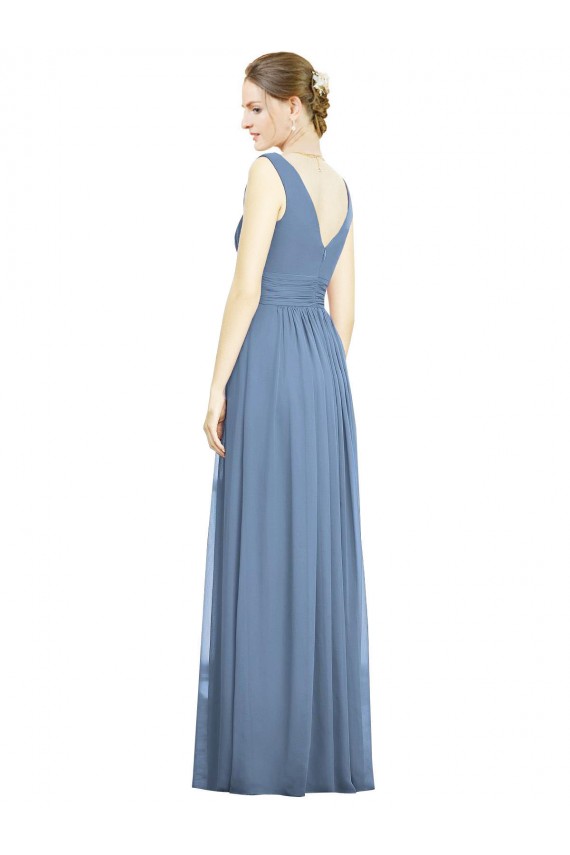 Dusty Blue Sleeveless V-Neck A-Line Soft Chiffon Semi Formal Evening Dress / Bridesmaid Dress Worcester