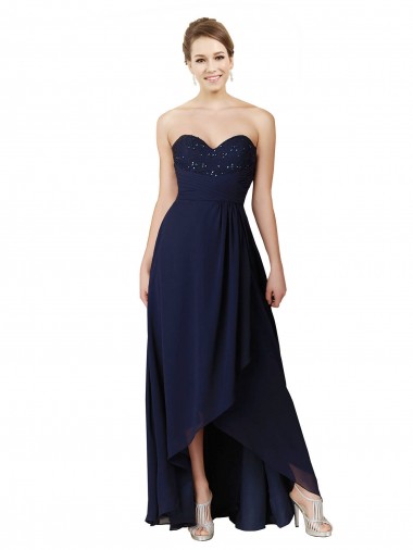 Dark Navy Sleeveless Sweetheart A-Line Soft Chiffon High Low Bridesmaid Dress Worcester