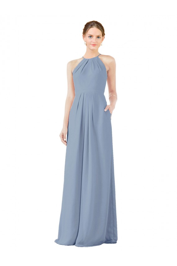 Keyhole Back Dusty Blue Sleeveless Halter Neck Sheath Soft Chiffon Bridesmaid Dress Worcester