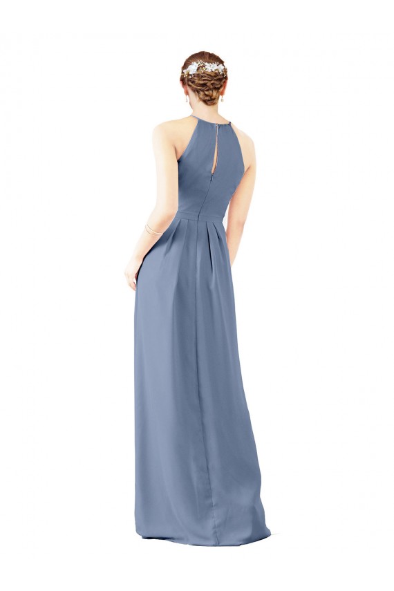 Keyhole Back Dusty Blue Sleeveless Halter Neck Sheath Soft Chiffon Bridesmaid Dress Worcester