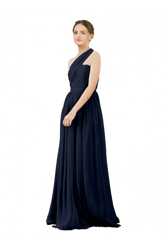 Dark Navy Sleeveless One Shoulder A-Line Chiffon Bridal Party Dress / Evening Dress Worcester