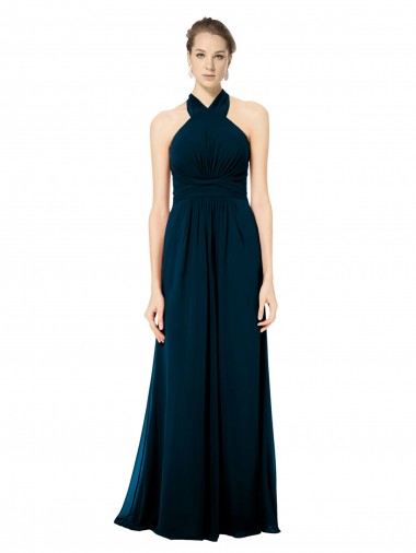 Open Back Midnight Green Sleeveless Halter Neck A-Line Soft Chiffon Formal Dress / Bridesmaid Dress Worcester