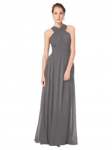 Keyhole Back Stormy Silver Sleeveless Halter Neck A-Line Soft Chiffon Bridesmaid Dress Worcester