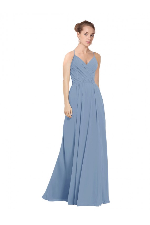 V-Back Dusty Blue Sleeveless V-Neck A-Line Soft Chiffon Evening Dress / Bridesmaid Dress Worcester