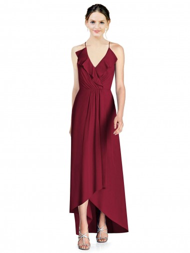 Open Back Burgundy Sleeveless Spaghetti Straps A-Line Soft Chiffon High Low Bridesmaid Dress Worcester