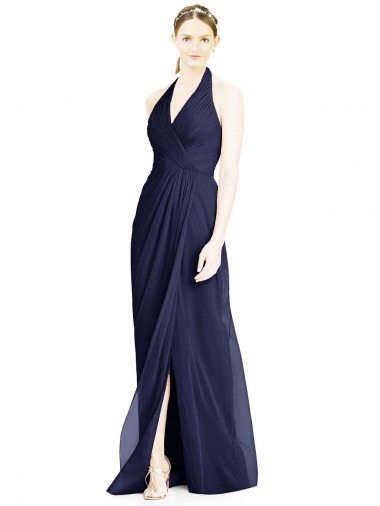 Open Back Dark Navy Sleeveless Halter Neck A-Line Soft Chiffon Formal Dress / Bridesmaid Dress Worcester