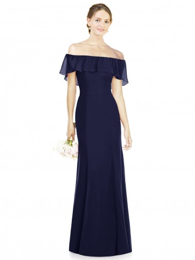 Dark Navy Sleeveless Off the Shoulder Trumpet Soft Chiffon Bridesmaid Dress Worcester