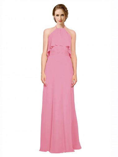 Low Back Skin Pink Sleeveless Halter Neck A-Line Soft Chiffon Bridesmaid Dress Worcester