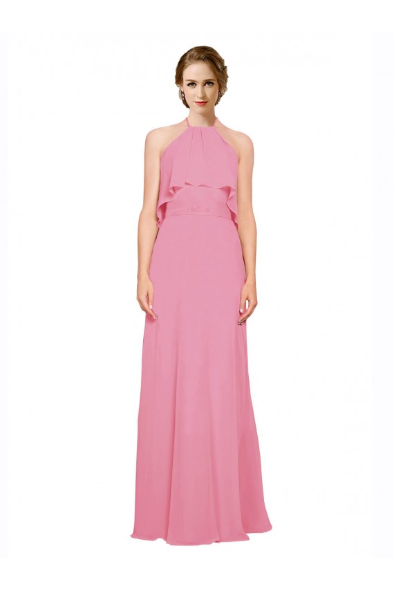 Low Back Skin Pink Sleeveless Halter Neck A-Line Soft Chiffon Bridesmaid Dress Worcester