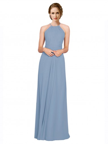 Criss Cross Open Back Dusty Blue Sleeveless Halter Neck A-Line Chiffon Bridesmaid Dress / Evening Dress Worcester