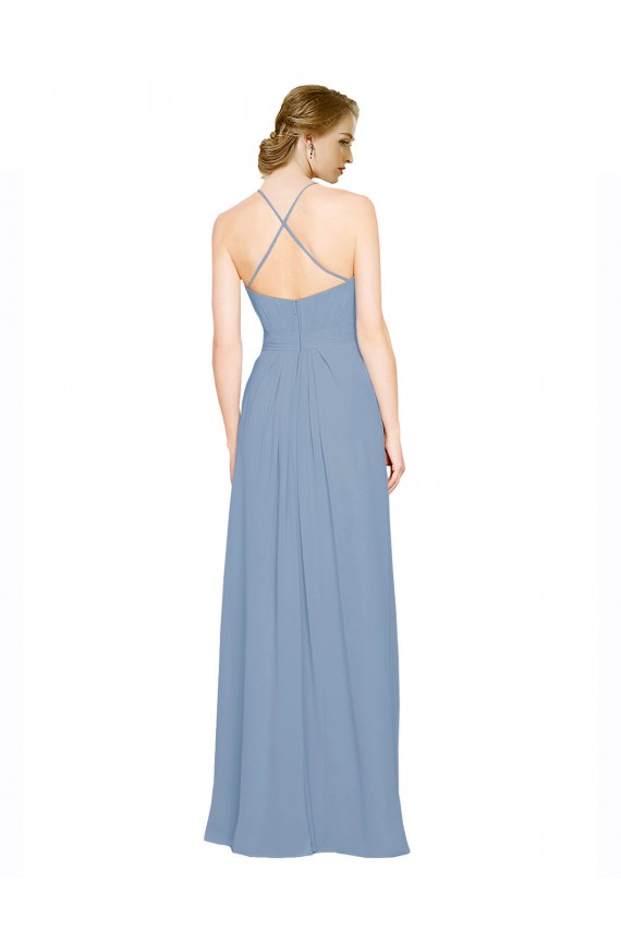 Criss Cross Open Back Dusty Blue Sleeveless Halter Neck A-Line Chiffon Bridesmaid Dress / Evening Dress Worcester