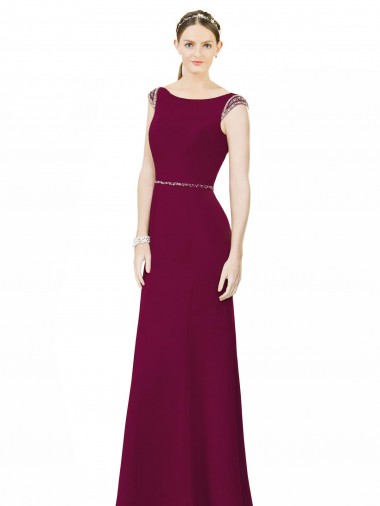 Low Back Burgundy Sleeveless Boat Neck A-Line Soft Chiffon Bridesmaid Dress Worcester