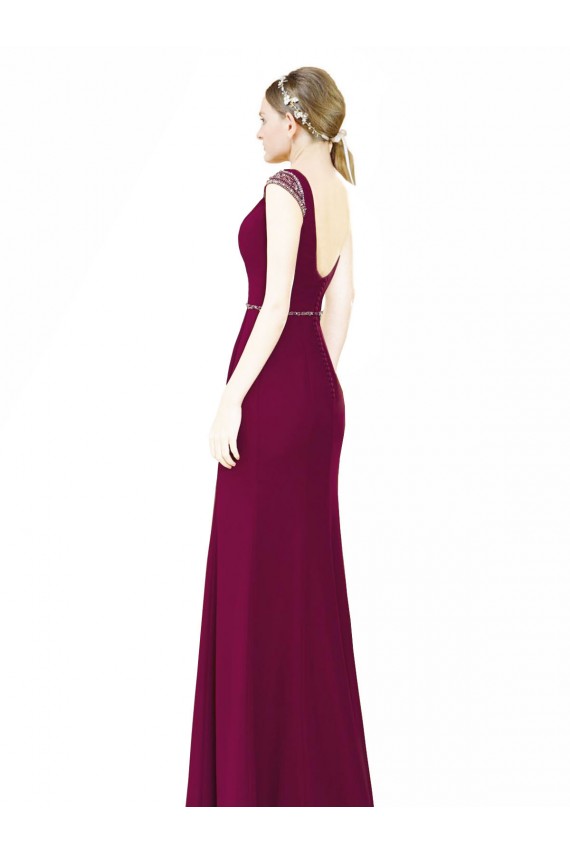 Low Back Burgundy Sleeveless Boat Neck A-Line Soft Chiffon Bridesmaid Dress Worcester