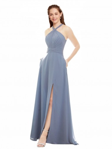 Sleeveless Halter Neck A-Line Soft Chiffon Evening Dress / Bridal Party Dress Worcester