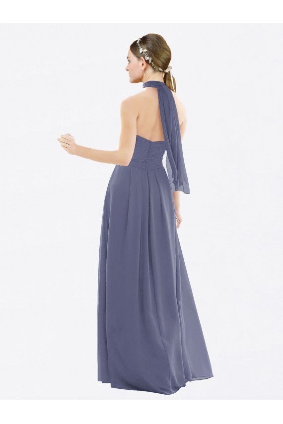 Low Back Silver Stone Sleeveless Halter Neck A-Line Soft Chiffon Bridesmaid Dress Worcester