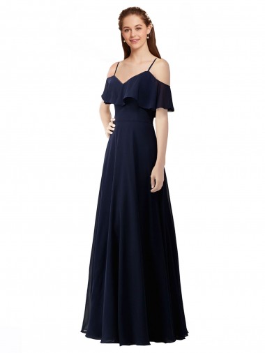 Dark Navy Sleeveless Off the Shoulder A-Line Soft Chiffon Bridesmaid Dress Worcester