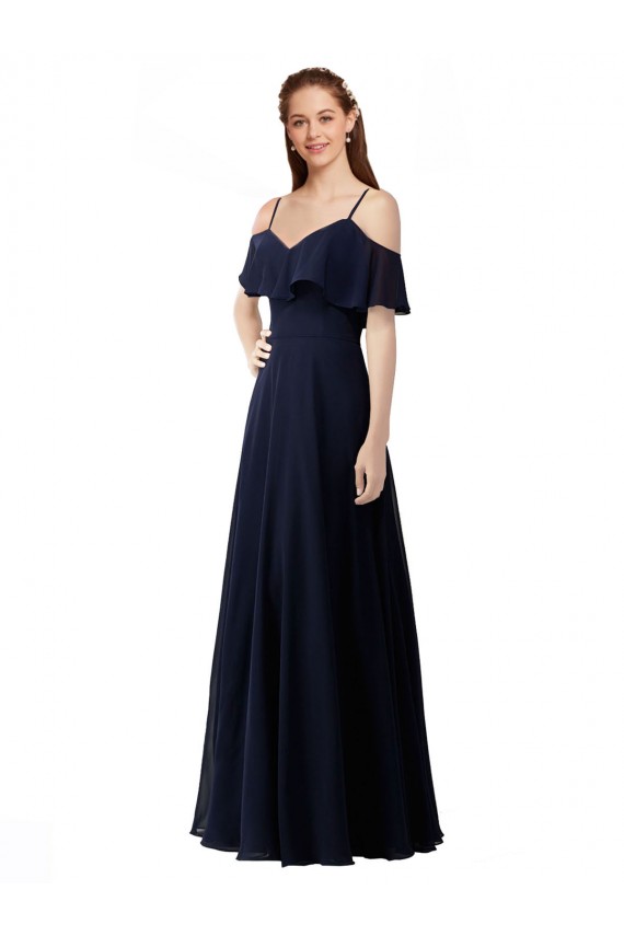 Dark Navy Sleeveless Off the Shoulder A-Line Soft Chiffon Bridesmaid Dress Worcester