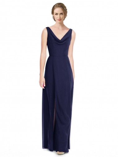 V-Back Dark Navy Sleeveless Cowl Neck A-Line Soft Chiffon Bridesmaid Dress Worcester