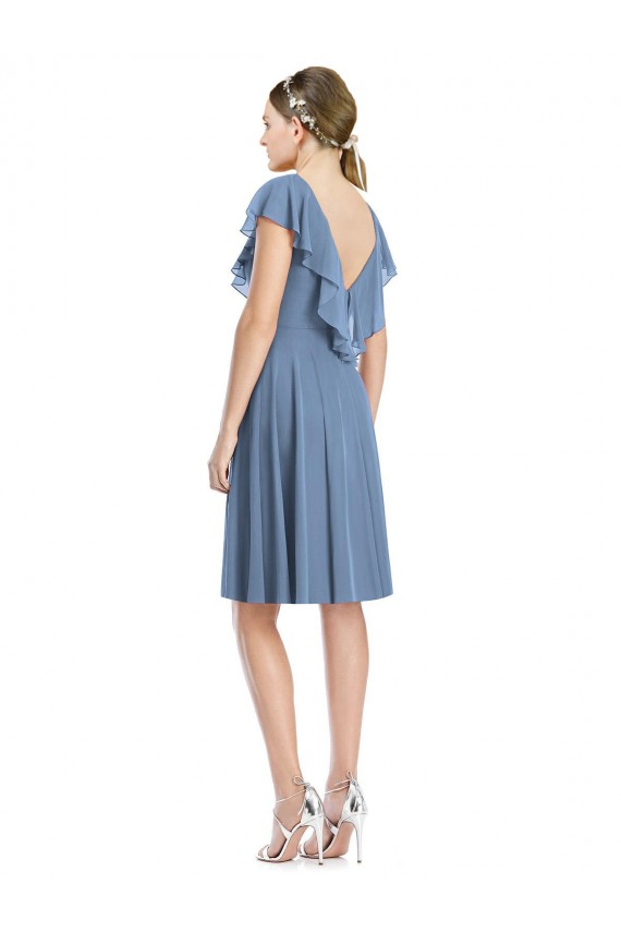 V-Back Dusty Blue Cap Sleeves V-Neck A-Line Soft Chiffon Bridesmaid Dress Worcester