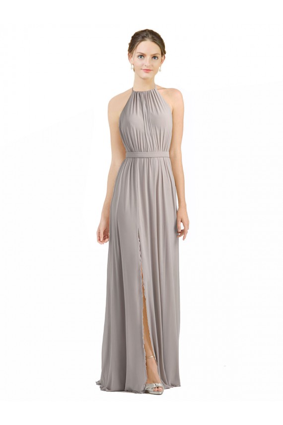 Open Back Oyster Silver Sleeveless Halter Neck A-Line Soft Chiffon Bridesmaid Dress Worcester