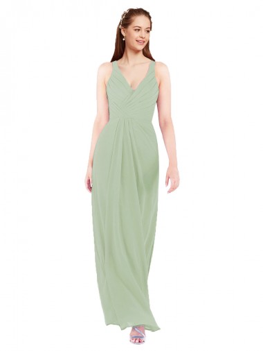 Keyhole Back Smoke Green Sleeveless V-Neck Sheath Soft Chiffon Bridesmaid Dress Worcester
