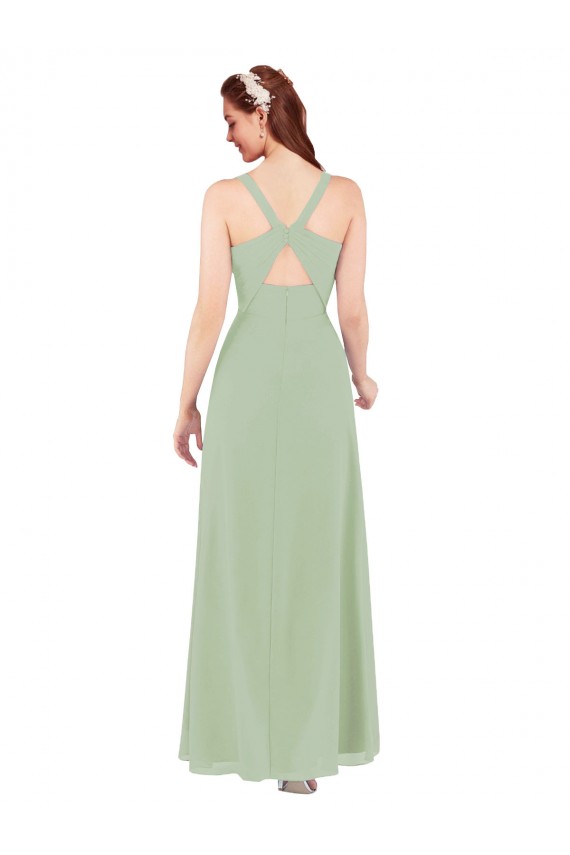 Keyhole Back Smoke Green Sleeveless V-Neck Sheath Soft Chiffon Bridesmaid Dress Worcester