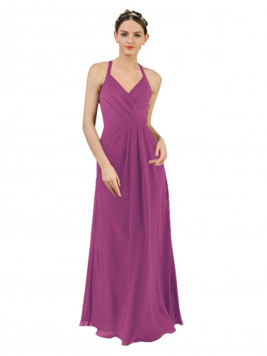 Keyhole Back Wild Berry Sleeveless V-Neck Sheath Soft Chiffon Bridesmaid Dress Worcester