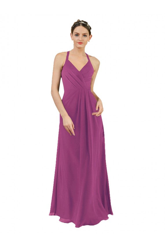 Keyhole Back Wild Berry Sleeveless V-Neck Sheath Soft Chiffon Bridesmaid Dress Worcester