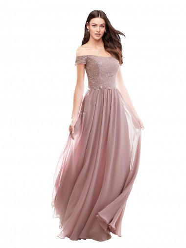 Pink Cap Sleeves Off the Shoulder A-Line Soft Chiffon & Lace Bridesmaid Dress Worcester
