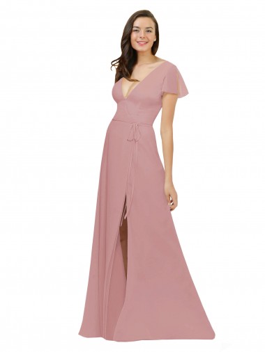 V-Back Dusty Pink Flutter Sleeves V-Neck A-Line Chiffon Bridesmaid Dress / Evening Dress Worcester