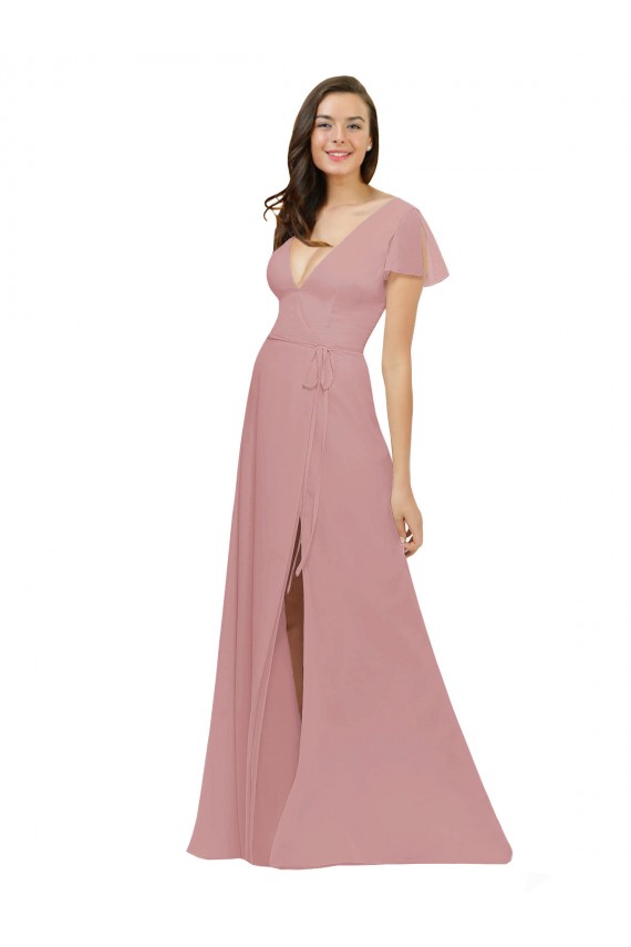 V-Back Dusty Pink Flutter Sleeves V-Neck A-Line Chiffon Bridesmaid Dress / Evening Dress Worcester