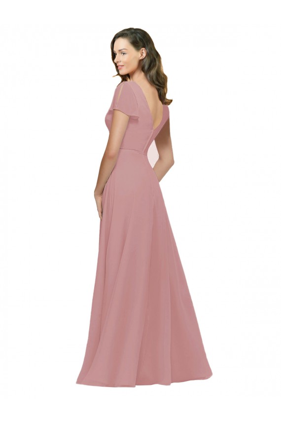 V-Back Dusty Pink Flutter Sleeves V-Neck A-Line Chiffon Bridesmaid Dress / Evening Dress Worcester