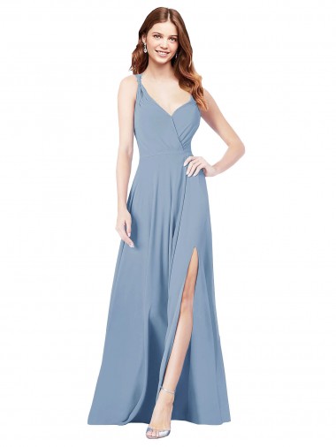 Keyhole Back Dusty Blue Sleeveless Spaghetti Straps A-Line Soft Chiffon Formal Dress / Bridesmaid Dress Worcester