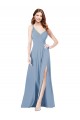Keyhole Back Dusty Blue Sleeveless Spaghetti Straps A-Line Soft Chiffon Formal Dress / Bridesmaid Dress Worcester