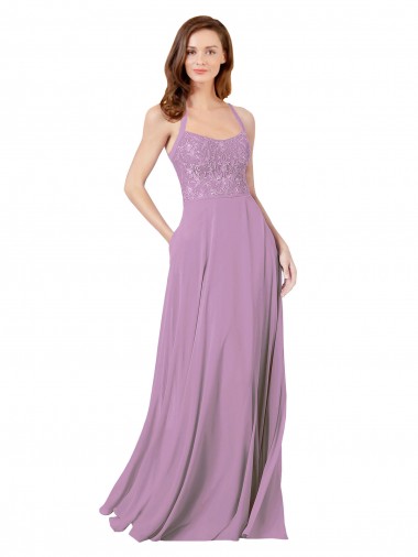 Dark Lavender Sleeveless Spaghetti Straps A-Line Soft Chiffon & Lace Bridesmaid Dress Worcester
