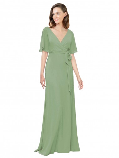 Short Flutter Sleeves V-Neck A-Line Soft Chiffon Bridesmaid Dress Worcester