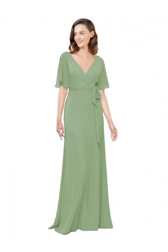 Short Flutter Sleeves V-Neck A-Line Soft Chiffon Bridesmaid Dress Worcester
