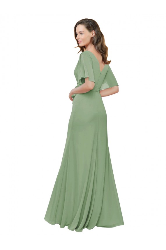 Short Flutter Sleeves V-Neck A-Line Soft Chiffon Bridesmaid Dress Worcester