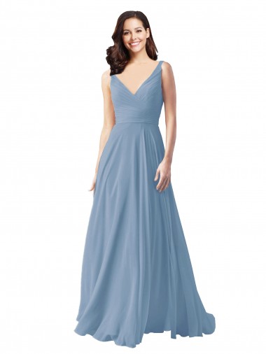 Dusty Blue Sleeveless V-Neck A-Line Chiffon Wedding Party Dress Worcester
